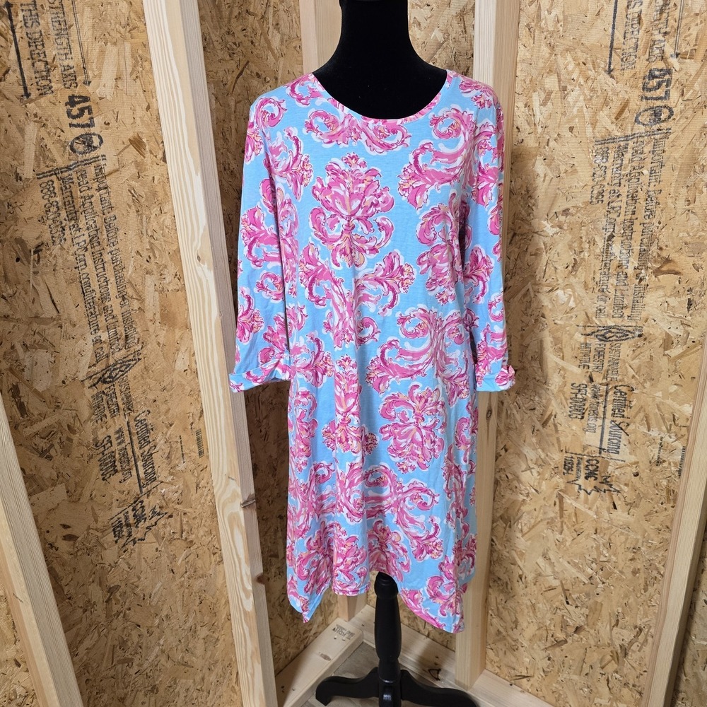 Caribbean Joe Womens Blue Pink Tropical Damask Shift Dress 3/4 Sleeve Sz Large